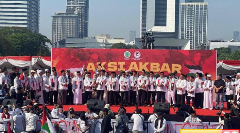 hadiri aksi bela palestina di monas menlu sugiono indonesia bakal kirim 10000 ton beras